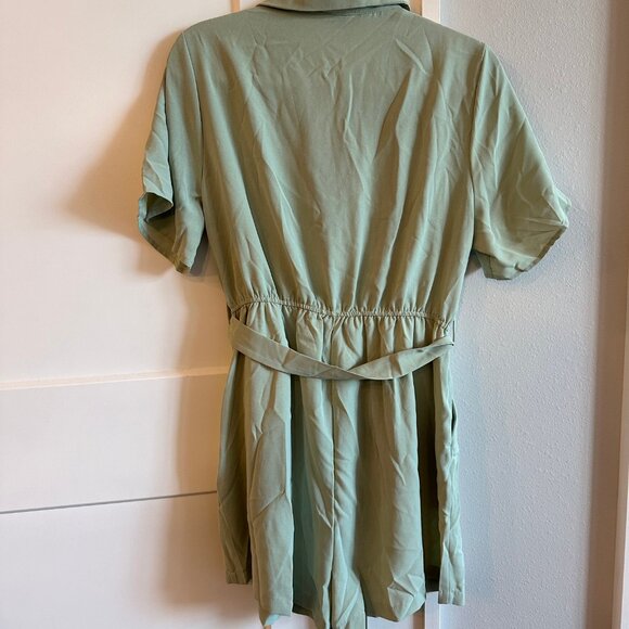 NWOT SHEIN LUNE Lapel Neck Belted Shirt Romper in Mint Green size L - Picture 4 of 9